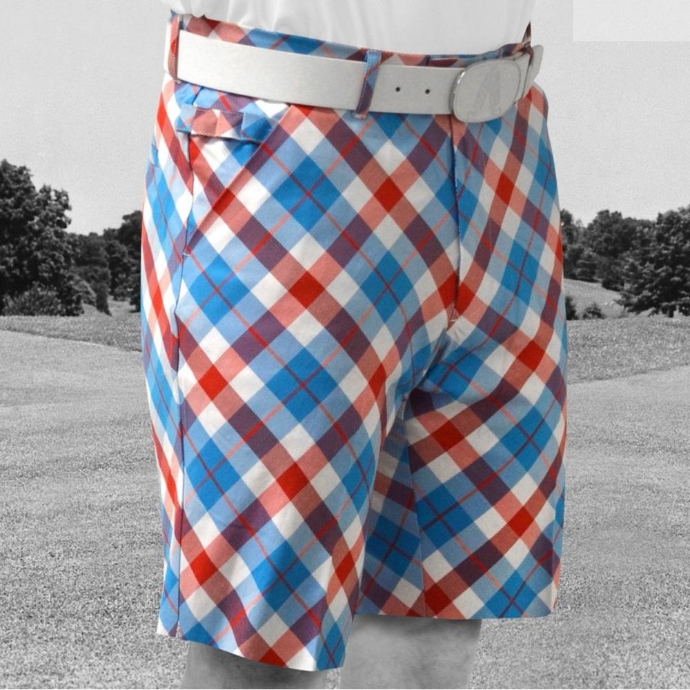 Men's Athletic Plaid Golf Shorts in Blue & Red